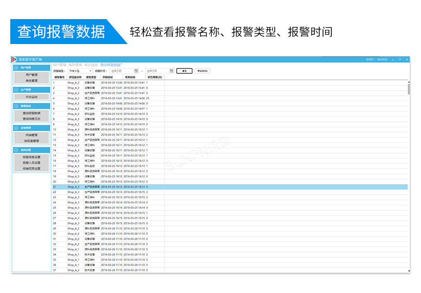 讯鹏科技安灯系统软件——查询报警数据界面